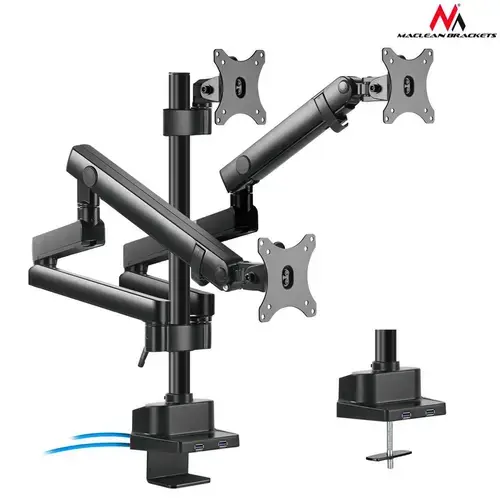 Suport de birou Maclean pentru 3 monitoare, aluminiu/otel, brate reglabile, arcuri, 17 - 32 inch, Negru