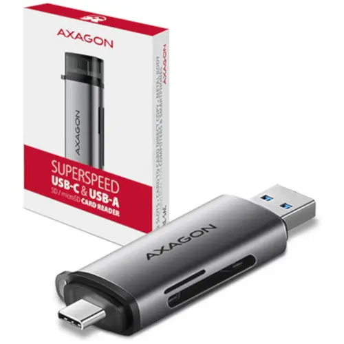 Card Reader Axagon CRE-SAC, SD/Micro SD, conectivitate USB-C/USB-A (Gri)