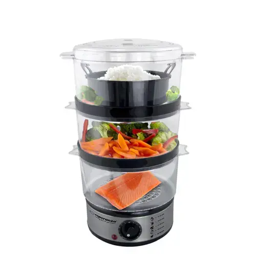 Aparat de gatit cu aburi cu 3 tavi si vas orez, corp din inox, timer, capac anti-picurare, protectie impotriva supraincalzirii