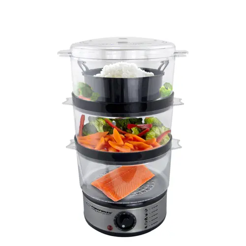 Aparat de gatit cu aburi cu 3 tavi si vas orez, corp din inox, timer, capac anti-picurare, protectie impotriva supraincalzirii