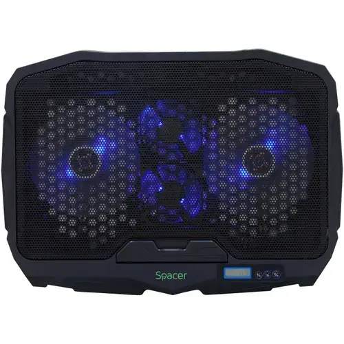 Stand gaming pentru laptop Spacer 17inch, sita metal, 2xfan 12.5cm, 2xfan 7cm cu led albastru, Negru