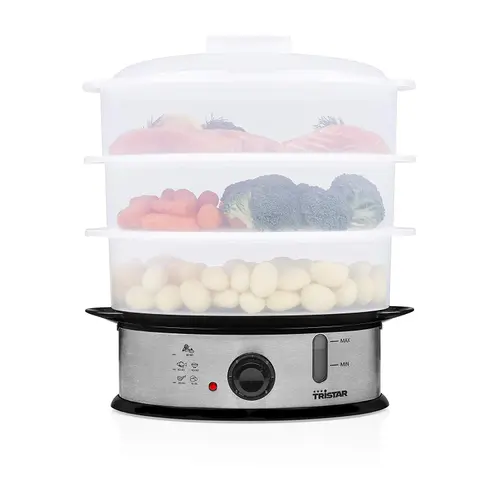 Aparat de gatit cu aburi Tristar VS-3914, 1200 W, 11 litri, Timer, 3 cosuri gatire, Inox / Negru