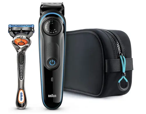 Aparat de tuns barba Braun BT3940TS WetDry Negru 39 setari lungime + Gillette Fusion FlexBall (Negru/Albastru)