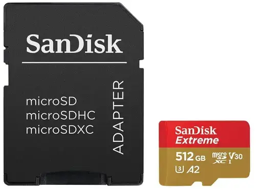 Card de memorie SanDisk Extreme MicroSDXC, 512GB, UHS-I U3, Clasa 10, V30 + Adaptor SD