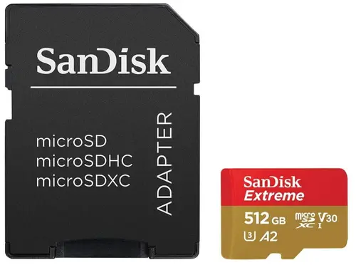 Card de memorie SanDisk Extreme MicroSDXC, 512GB, UHS-I U3, Clasa 10, V30 + Adaptor SD