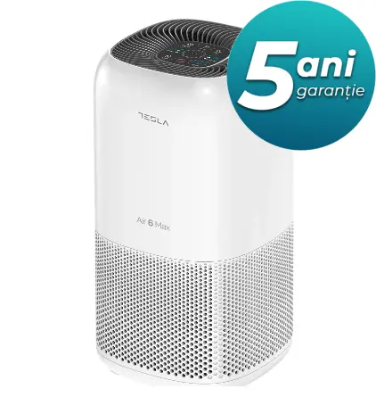Purificator de aer Tesla Air6 MAX, CADR 400 m3/h, Wi-Fi, Senzor calitate aer, Sleep Mode, Timer, Filtru HEPA+Carbon Activ+Catalyst, Lumina UV-C, Alb