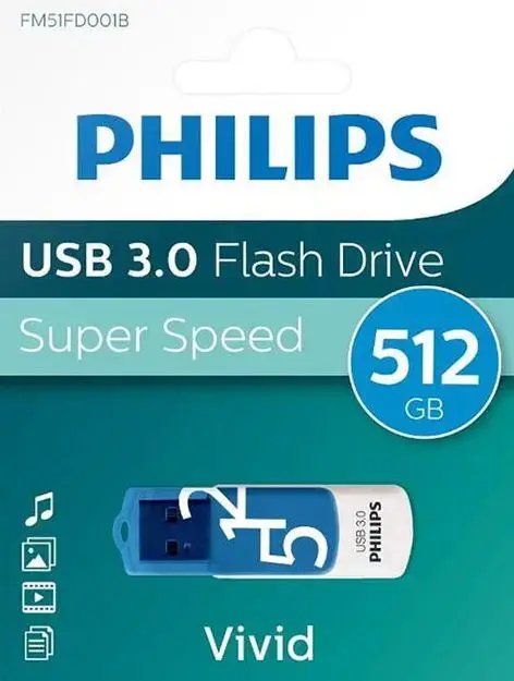 Stick USB Philips Vivid Edition, 512GB, USB 3.0 (Albastru/Alb)