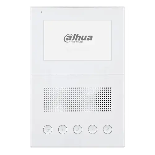 Post videointerfon IP de interior Dahua VTH2201DW; Posibilitate apelare grup și deblocare de la distanță; Integrare alarmă; Posibilitate alimentare direct prin cablu UTP, folosind switch-ul VTNS1060A (nu este inclus)