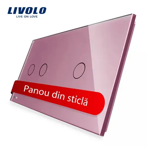 Panou intrerupator dublu + simplu cu touch Livolo din sticla (Roz)