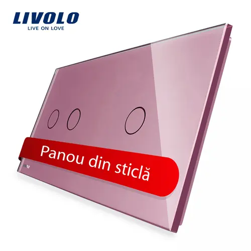 Panou intrerupator dublu + simplu cu touch Livolo din sticla (Roz)