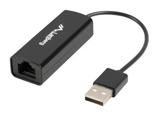Placa de retea Lanberg NC-0100-01, USB 2.0 tata la RJ-45 mama, adaptor Ethernet, internet 10/100 Mb/s, cablu 10 cm (Negru)