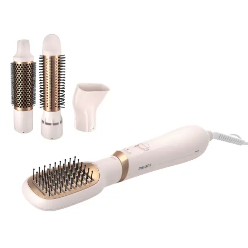 Perie cu aer cald Philips Seria 3000 BHA310/00, 800W, Tehnologie cu ioni, Diametru perie 38mm, Setare temperatura de ingrijire si aer rece, Invelis ceramic cu ulei de argan (Alb/Auriu)
