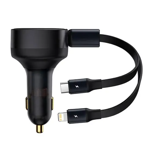 Incarcator auto Baseus, Cablu USB retractabil Type C si Lightning, 75cm max, 30W, 3A (Negru)