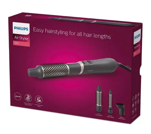 Perie cu aer cald Philips BHA301/00, 800 W, Tehnologie ThermoProtect, 3 accesorii, Ingrijire cu ioni, Invelis ceramic cu cheratina (Negru)