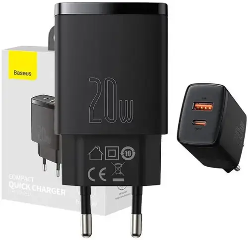 Incarcator Retea Baseus Compact CCXJ-B01, 20W, 3A, 1 x USB-A, 1 x USB-C (Negru)