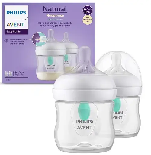 Set 2 biberoane Philips Avent Natural Response SCY670/02, Dispozitiv anticolici AirFree, 125 ml, +0 luni, Fara BPA (Alb/Transparent)