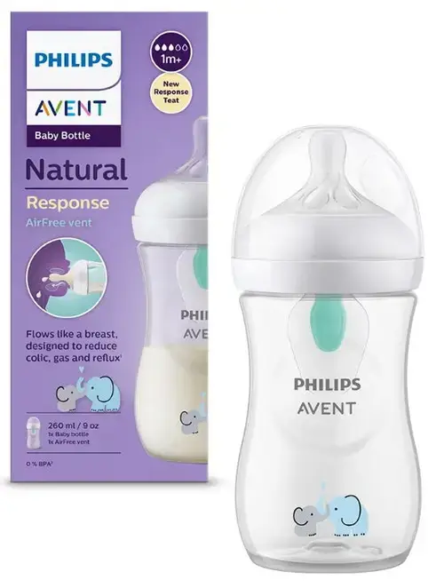 Biberon Philips Avent Natural Response SCY673/81, Dispozitiv AirFree, 260 ml, +1 luni, Fara BPA, usor de curatat (Alb/Transparent)