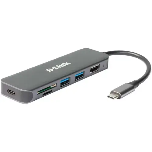 HUB USB D-LINK DUB-2327, USB Type C, cablu 10 cm, metalic, Argintiu