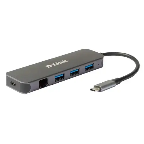 Hub extern D-LINK, porturi 3 x SuperSpeed USB 3.0, 1 x USB-C with data sync & power delivery up to 60W, 1 x RJ-45 Gigabit, conectare prin USB Type C, cablu 10 cm, metalic, Argintiu