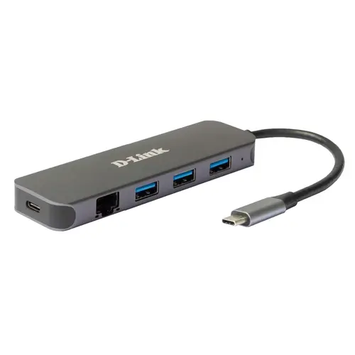Hub extern D-LINK, porturi 3 x SuperSpeed USB 3.0, 1 x USB-C with data sync & power delivery up to 60W, 1 x RJ-45 Gigabit, conectare prin USB Type C, cablu 10 cm, metalic, Argintiu