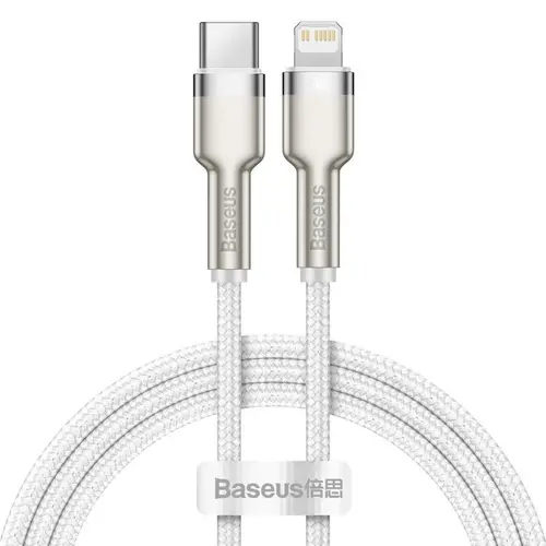 Cablu pentru incarcare si transfer de date Baseus Cafule Metal, USB Type-C/Lightning, Power Delivery 20W, 2m, Alb