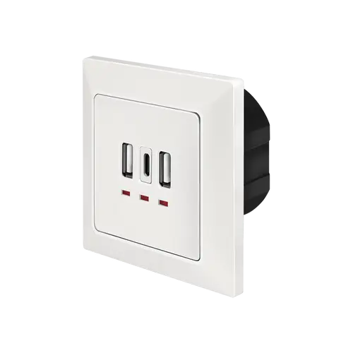 Priza de perete Logilink PA0254, 2 x USB-A 5V/2.4A, 1 x USB-C 5V/3A, ingropata, martori LED, Alb