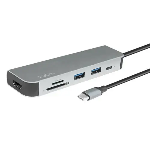 Docking Station LOGILINK UA0343 universal, conectare PC USB TYPE-C 3.2, USB 3.0 x 2, porturi video HDMI x 1, card reader, PD 2.0 pana la 60W (Argintiu)