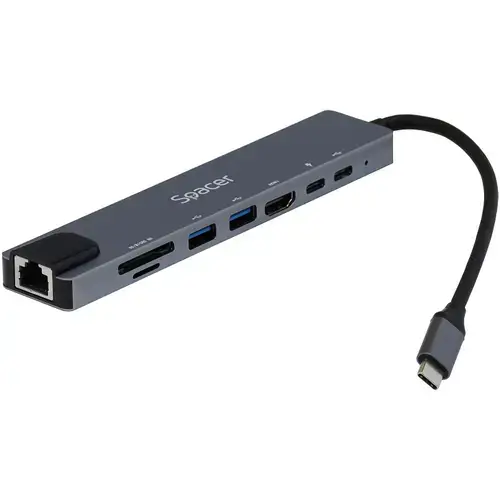Docking station universal 8 in 1, Spacer, conectare Type-C, USB 3.0 x 2, USB Type C x 1, PD 87W x 1, HDMI x 1 4K (30Hz), RJ-45, SD Card x1, TF (MicroSD) x1, aluminiu (Gri)