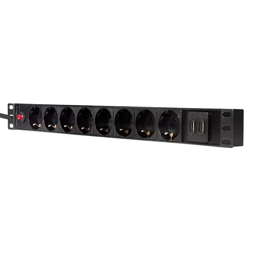 Prelungitor PDU LOGILINK 1U pentru rack 19 inch, 8 prize Schuko, intrare Schuko, max 16 A, on/off, protectie la supratensiune, 2 x USB 2.1A, 2 m