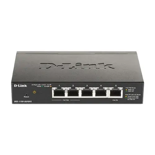 Switch D-Link DGS-1100-05PDV2, 5 porturi 10/100/1000 Gigabit Smart Switch, PoE controlat