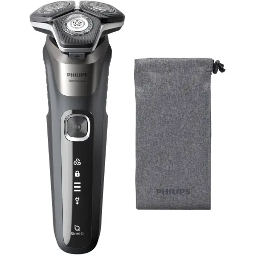 Aparat de barbierit Philips Shaver Seria 5000 S5887/10, barbierit umed/uscat, tehnologie SkinIQ, fara fir, capete flexibile 360°, display LED, senzor Power Adapt, lame auto-ascutire, lama de tuns integrata, 60 min, husa (Gri)