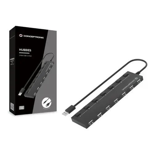 HUB USB Conceptronic HUBBIES08B, 7x USB 2.0 (Negru)