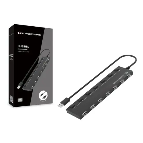 HUB USB Conceptronic HUBBIES08B, 7x USB 2.0 (Negru)