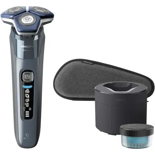 Aparat de barbierit Philips Shaver Seria 7000 S7882/55, barbierit umed/uscat, tehnologie SkinIQ, capete flexibile 360°, display LED, senzor Motion Control, senzor Power Adapt, lame auto-ascutire, 60 min, suport de incarcare, toc de transport (Albastru)