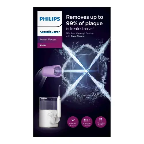 Irigator bucal Philips Sonicare Power Flosser 7000 HX3911/40, Tehnologie Quad Stream, 0.6 L, 4 moduri de curatare, 10 niveluri de intensitate, 4 capete de curatare, Toc de depozitare pentru capete (Alb)
