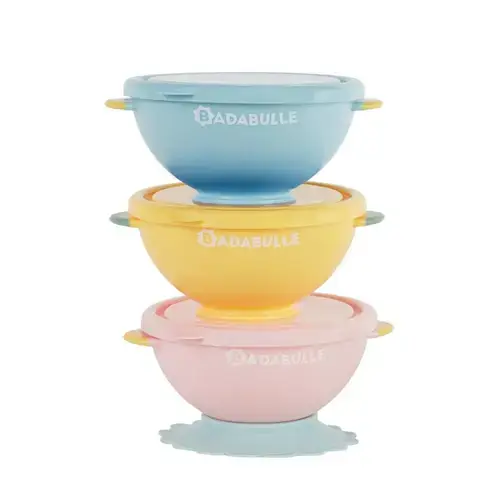 Set 3 boluri colorate Badabulle B005108, 330ml pentru mancare, Suport inclus (Multicolor)