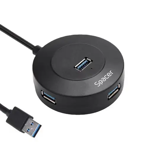 Hub extern Spacer, porturi USB:USB 3.0 X 1, USB 2.0 x 3, conectare prin USB 3.0, cablu 1m, Plastic ABS, Negru