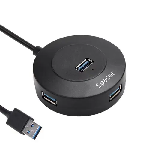 Hub extern Spacer, porturi USB:USB 3.0 X 1, USB 2.0 x 3, conectare prin USB 3.0, cablu 1m, Plastic ABS, Negru