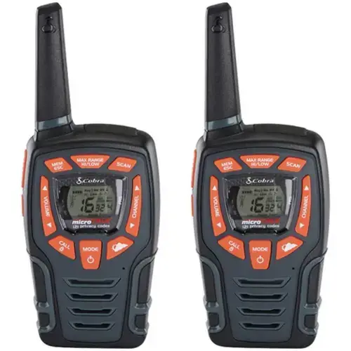 Set 2 statii walkie-talkie Cobra AM855 , raza pana la 10 km , 16 canale si 121 coduri private , design robust , rezistent la apa (IPX2) , lanterna LED , dock incarcare , 6 acumulatori (Negru)