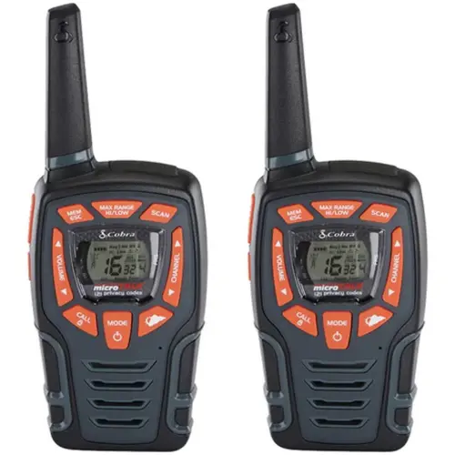 Set 2 statii walkie-talkie Cobra AM855 , raza pana la 10 km , 16 canale si 121 coduri private , design robust , rezistent la apa (IPX2) , lanterna LED , dock incarcare , 6 acumulatori (Negru)