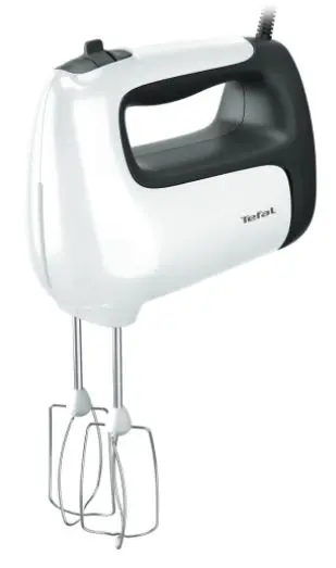 Mixer de mana TEFAL Prep'Mix HT461138, 500 W, 5 viteze, Functie Turbo, 2 Accesorii pentru aluat, 2 Teluri, Picior pasator (Alb/Negru)