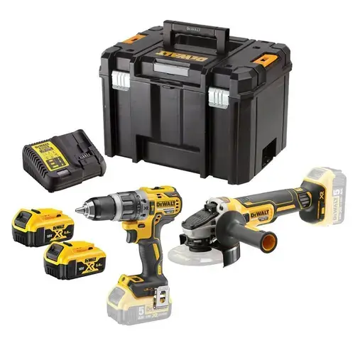 Set masina de gaurit si insurubat, polizor unghiular, cu 2 acumulatori, incarcator, Dewalt