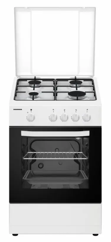 Aragaz Heinner HFSC-SME50WH, 4 arzatoare, Gaz, 50cm, Dispozitiv de siguranta plita si cuptor (Alb)