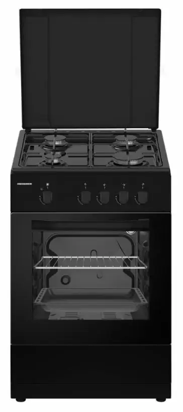 Aragaz Heinner HFSC-SME50BK, 4 arzatoare, Gaz, 50cm, Dispozitiv de siguranta plita si cuptor (Negru)
