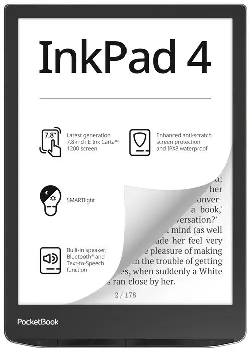 eBook Reader PocketBook Inkpad 4, Ecran E-Ink Carta™ 1200 7.8inch, SMART Light, Procesor Dual Core 1GHz, 1GB RAM, 32GB Flash, Bluetooth, W-Fi, Waterproof IPX8 (Argintiu)