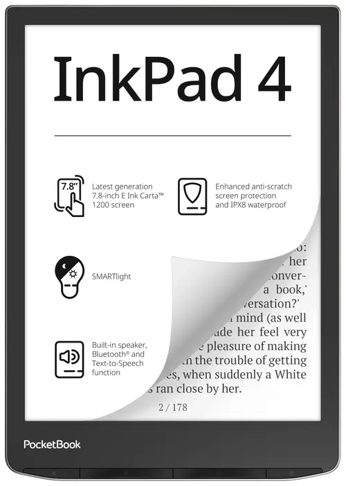 eBook Reader PocketBook Inkpad 4, Ecran E-Ink Carta™ 1200 7.8inch, SMART Light, Procesor Dual Core 1GHz, 1GB RAM, 32GB Flash, Bluetooth, W-Fi, Waterproof IPX8 (Argintiu)