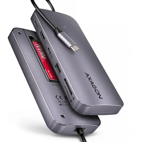 Hub USB Axagon HMC-6GM2, USB-C 3.2 Gen 2, USB-A, M.2 SATA/NVMe, HDMI, PD 100W, Gri metalizat