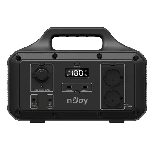 Statie de alimentare tip Power Station, nJoy Power Base 600,511 Wh cu baterie Li-ion NCM, adaptor priza AC, priza auto DC, USB tip C, compatibil panou solar, Bluetooth