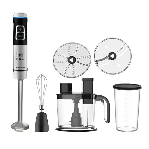 Mixer vertical Albatros MR850A, Putere 850 W, Turatie reglabila, Functie Pulse, Lama dubla inox, Tel inox, Vas 1.5 L, Pahar 0.8 L (Negru/Inox)