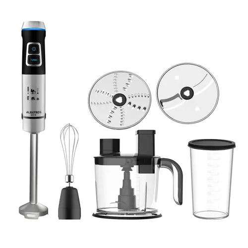 Mixer vertical Albatros MR850A, Putere 850 W, Turatie reglabila, Functie Pulse, Lama dubla inox, Tel inox, Vas 1.5 L, Pahar 0.8 L (Negru/Inox)
